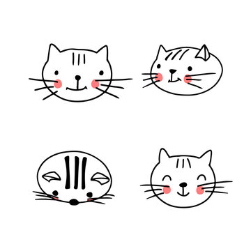 Cat faces collection in cute doodle style. Funny animals avatar with different emotions. Vector illustration on white background.
