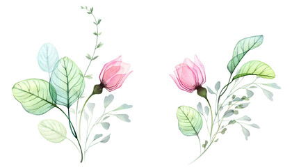 Watercolor bouquets. Bright transparent roses in abstract style. Pastel colour flowers with tender eucalyptus branches. Floral hand-painted illustrations set - 516615415