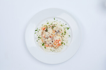 rice with meat on white