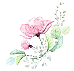Watercolor abstract arrangement of big pink flowers and eucalyptus leaves. Roses with flying branches. Transparent hand drawn illustration isolated on white for wedding stationery, card print - 516615479