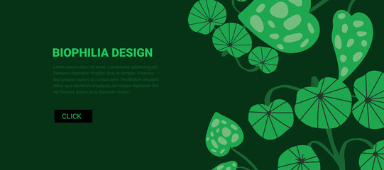 Biophilic design - Banner for web, green background with plants. Biophilia concept in hand drawn style