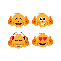 A Smiling Yellow Smiley Face. Happy face. Raises two fingers up. Vector set