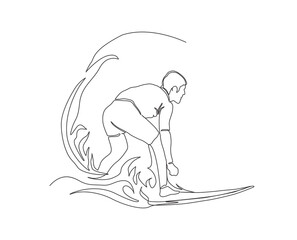 Continuous line of surfing in the sea. Surfer and wave hand drawn minimalism style.