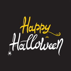 Obraz premium Happy Halloween lettering. Holiday calligraphy with spider and web for banner, poster, greeting card, party invitation. Isolated illustration.