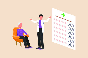 Doctor checks grandfather's health based on Hospital form. Need a Doctor concept. Flat vector illustration isolated.