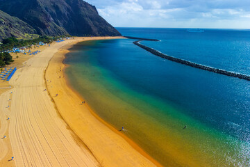 Teresitas Beach aerial View taken with Drone. Tenerife Canary Island, Spain