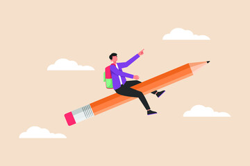 Boy student riding a pencil rocket. Back to school concept. Colored flat graphic vector illustration isolated.