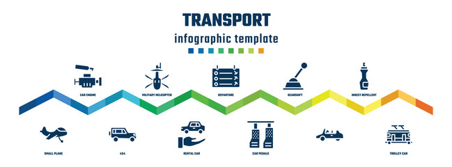 transport concept infographic design template. included car engine, small plane, military helicopter bottom view, 4x4, departure, rental car, gearshift, car pedals, insect repellent, trolley icons. © VectorStockDesign