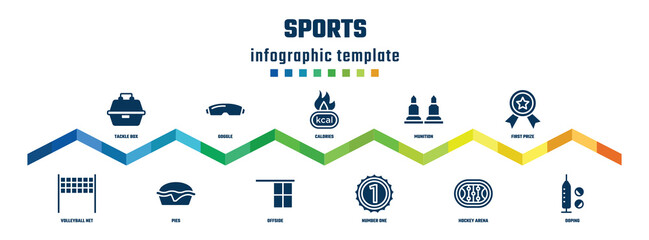 sports concept infographic design template. included tackle box, volleyball net, goggle, pies, calories, offside, munition, number one, first prize, doping icons.