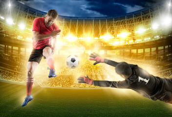 Soccer goalkeeper catches the ball on arena background - Powered by Adobe