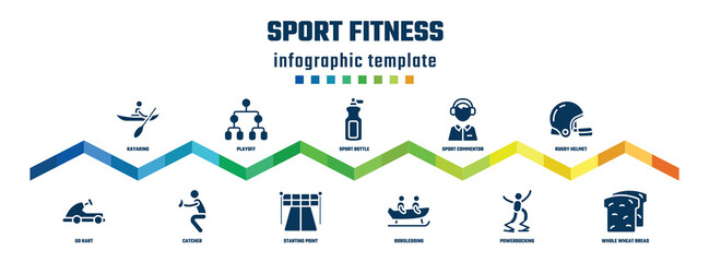 sport fitness concept infographic design template. included kayaking, go kart, playoff, catcher, sport bottle, starting point, sport commentor, bobsledding, rugby helmet, whole wheat bread icons.