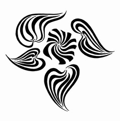 Geometric ornament flowers and leaves drawing calligraphy. Stylized petunia flower. Linear drawing. Black and white vector illustration.