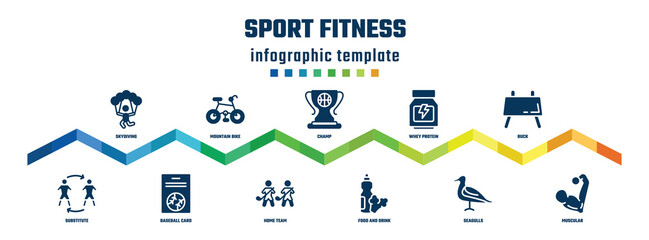 sport fitness concept infographic design template. included skydiving, substitute, mountain bike, baseball card, champ, home team, whey protein, food and drink, buck, muscular icons.