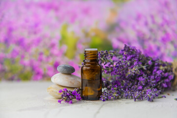 Essential oil with lavender extract. Selective focus.