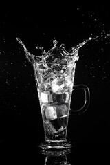 Black and white photo of water splashing out of a glass.