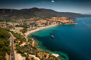 Fototapeta na wymiar Ozdere Beach drone view in Izmir Province of Turkey