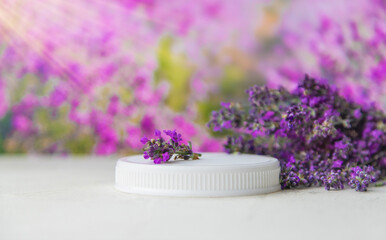 White lavender podium for place cosmetics. Selective focus.