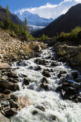 Fototapeta na wymiar View of a river with snow capped Rakaposhi peak in Karakoram mountain range in Nagar valley. Photo taken on Karakorum highway. Gilgit Baltistan, Pakistan.