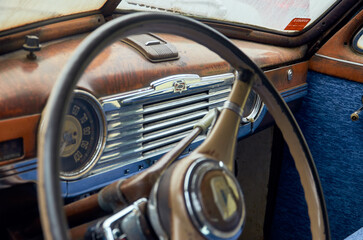 Dashboard in an old truck close-up. Speedometer and gauges