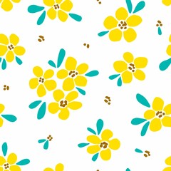 Simple gentle floral vector seamless pattern. Yellow flowers, blue green leaves on a white background. For fabric prints, textiles, clothes. Spring-summer collection.
