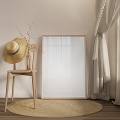 Bohemian style interior living room photo frame and decorations.3d rendering