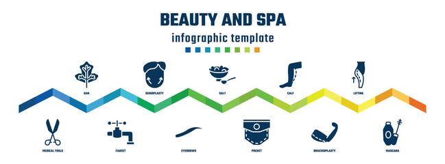 beauty and spa concept infographic design template. included oak, medical tools, genioplasty, faucet, salt, eyebrows, calf, pocket, lifting, mascara icons.