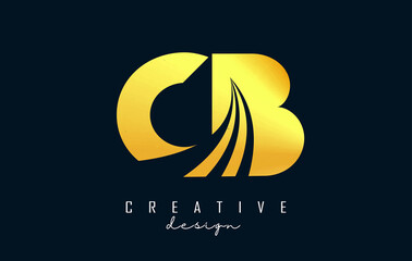Creative golden letters CB c b logo with leading lines and road concept design. Letters with geometric design.