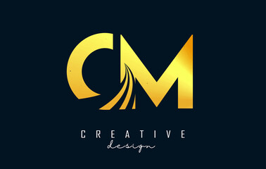 Creative golden letters CM c m logo with leading lines and road concept design. Letters with geometric design.