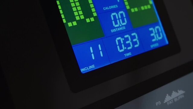 closeup of treadmill control panel with electronic screen for sport exercise