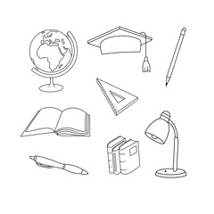 Student stationery set in doodle style. Back to School Collection. Black and white vector objects: academic headdress, globe, desk lamp, books, notebook, pen, ruler triangle, pencil. 