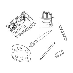 Art school kit. Vector doodle elements: drawing album, brush, pencil, eraser, palette, colored pencils. Vector hand-drawn black and white illustration. Back to school