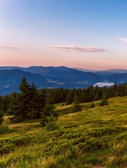 Naklejka na ściany i meble spectacular summer scenery, awesome sunset landscape, beautiful nature background in the mountains, Carpathian mountains, Ukraine, Europe 