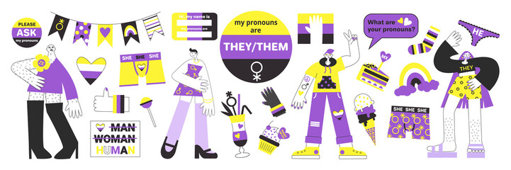 Nonbinary symbols, flags and people vector illustration set. Genderqueer person rights lgbtq+. Elements for pride stickers.