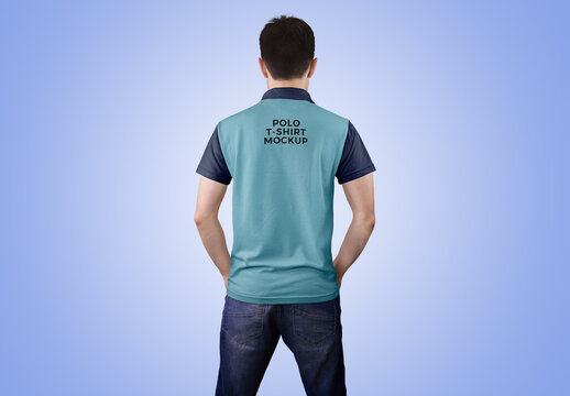 Man in Polo T-Shirt Mockup - Back View