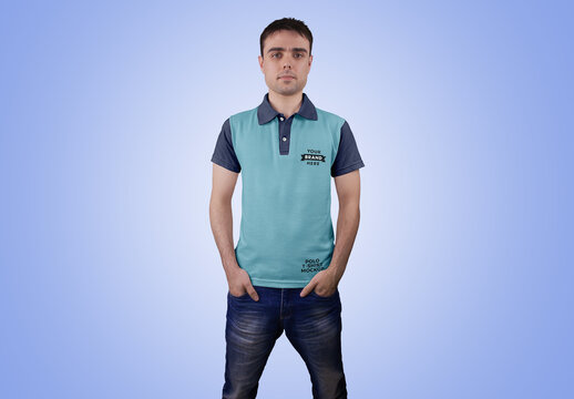 Man in Polo T-Shirt Mockup - Front View