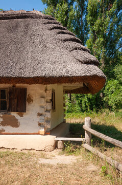 Architectural detail of thatched village cottage folk architecture in Pyrohiv, Ukraine
