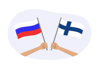 Russia and Finland flags. Finnish and Russian national symbols. Hand holding waving flag. Vector illustration.