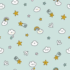 Clouds, rainbows and stars on mint, nursery pattern illustration
