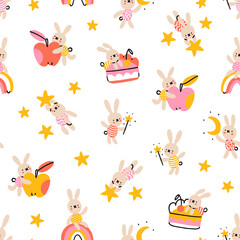 Magic rabbits and stars, pattern illustration - 516624490