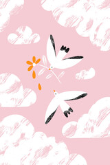 Two birds in the pink sky illustration
