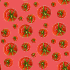 seamless pattern red tomato on a red background.  tablecloth design, napkins, for product packaging, banner design, poster,advertising for supermarkets.