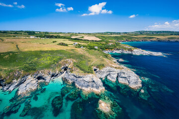 Piskies Cove and HMS Warspite Cliffs from a drone, Penzance, Cornwall, England