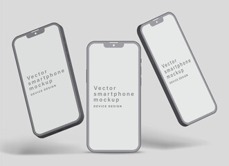 Naklejka na ściany i meble smartphone clay mockup with shadow for application design presentation isolated on grey background. minimalist mobile phone with blank screen in different angles view. vector 3d isometric illustration