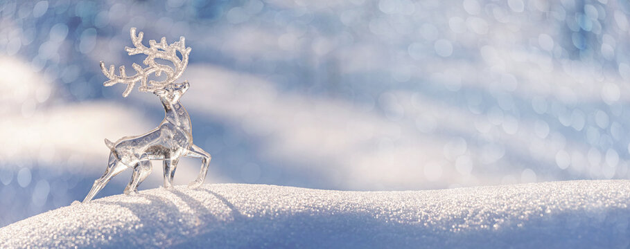 Christmas winter background, banner - view of an ice deer on a snowdrift in a winter forest, sparkling in the rays of the winter sun with copy space for text