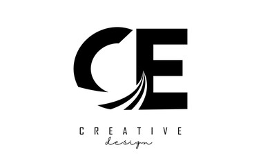 Creative black letters CE c elogo with leading lines and road concept design. Letters with geometric design.