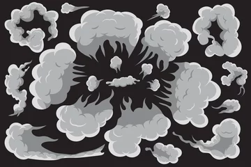 Rolgordijnen Set of cartoon smoke clouds. Comic smoke flows, dust, and smoke steaming cloud silhouettes isolated vector illustration. Smoke explosion, comic cloud © Ancala
