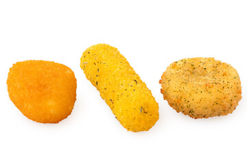 Fried breaded brie nugget, camembert nugget and mozzarella stick on white.
