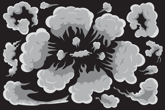 Set of cartoon smoke clouds. Comic smoke flows, dust, and smoke steaming cloud silhouettes isolated vector illustration. Smoke explosion, comic cloud