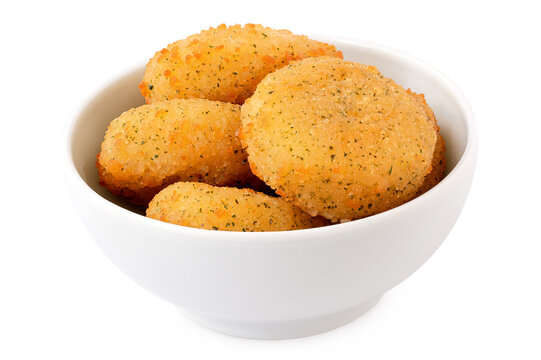 Fried breaded camembert nuggets with herbs in a white ceramic bowl on white.