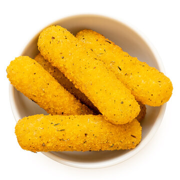 Fried Breaded Mozzarella Sticks With Herbs In A White Ceramic Bowl On White From Above.